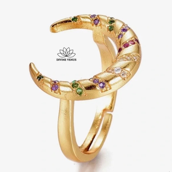 Moon Ring | Colorful | Brass and Cubic Zirconia | Size 6 Adjustable - Picture 3 of 4